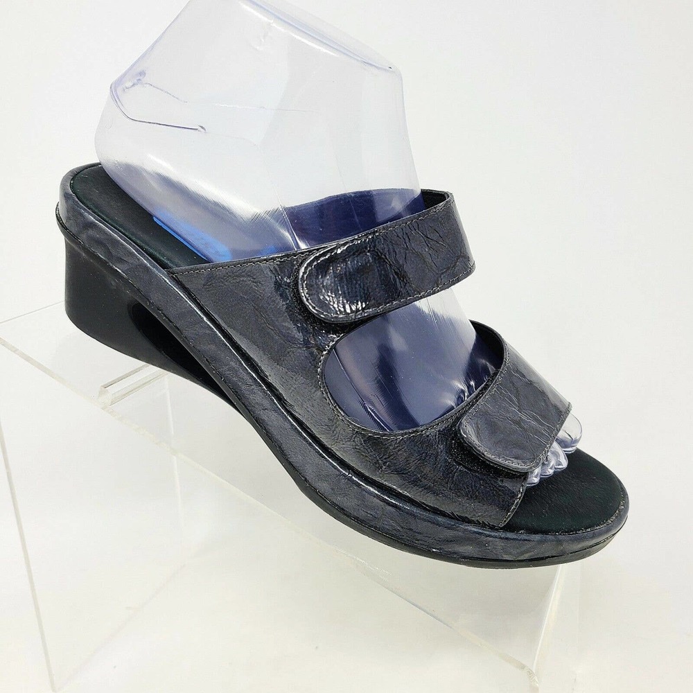 Wolky Size 38 7 to 7.5 Dark Gray Patent Leather Sandals Comfort Cut Out Wedge